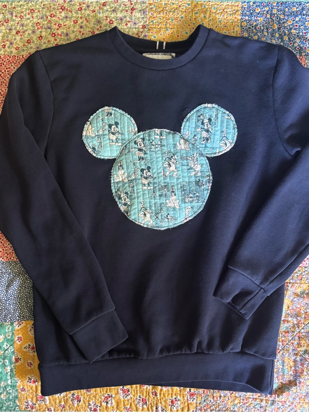 Women’s Upcycled Denim & Flower Navy Crewneck with Teal Mickey Appliqué